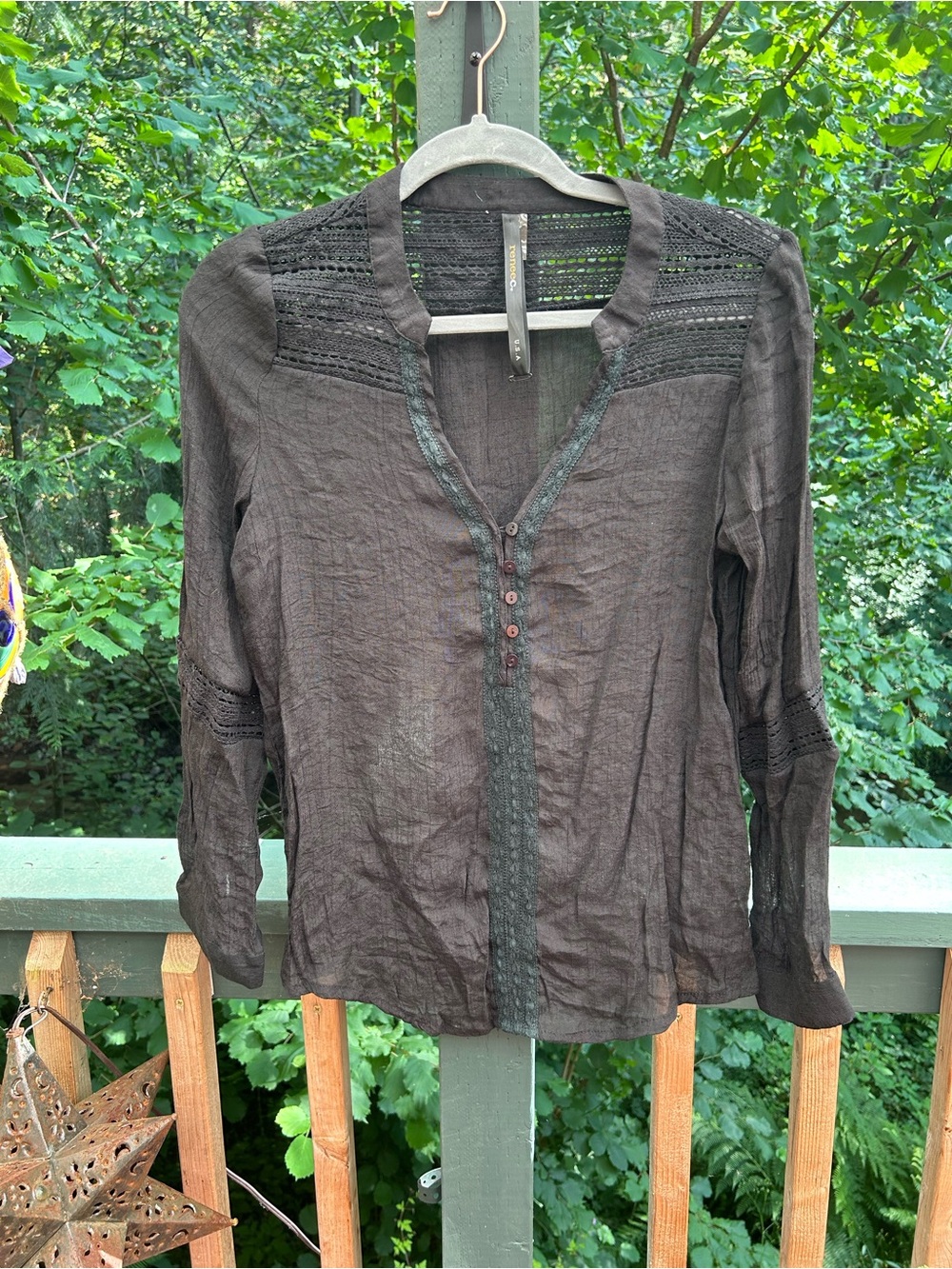 Renee C. Black Lace-Trim Henley Blouse